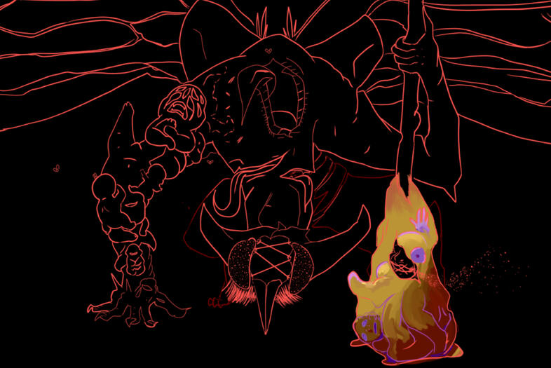 bzzlbub made of infant bodies and carrying a placenta club